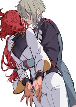 Rule 34 | 1boy, 1girl, ahoge, aki663, arms behind back, asticassia school uniform, black hairband, blush, bound, bound arms, earrings, elan ceres, gundam, gundam suisei no majo, hairband, highres, hug, jewelry, long hair, low ponytail, open mouth, ponytail, red hair, school uniform, suletta mercury