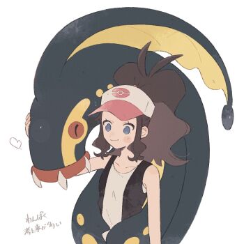 Rule 34 | 1girl, baseball cap, black vest, blue eyes, blush, brown hair, closed eyes, closed mouth, collarbone, eel, eelektross, fangs, fish, gen 5 pokemon, hat, heart, high ponytail, hilda (pokemon), hime (himetya105), lamprey, long hair, nintendo, open clothes, open vest, poke ball print, pokemon, pokemon (creature), pokemon bw, ponytail, shirt, sidelocks, smile, vest, white shirt