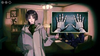 4boys alternate_costume arm_at_side baggy_clothes black_eyes black_hair black_shirt blunt_ends casual ceiling_fan ceiling_light character_request cloak contemporary couch curtains desk_lamp doll_joints drawstring electric_fan full-length_zipper game_screenshot_background genshin_impact grey_sleeves hand_up hood hood_down hooded_cloak hooded_jacket horror_(theme) indoors jacket joints lamp long_sleeves looking_at_viewer male_focus multiple_boys no_i&#039;m_not_a_human on_couch open_hands open_mouth parody photo_(object) picture_frame pillow purple_cloak raised_eyebrow scaramouche_(genshin_impact) screenshot_background shirt shoulder_peek sitting solo table turtleneck turtleneck_shirt undershirt uto_o0o0 white_mouth window wispy_bangs wooden_table zipper zipper_pull_tab
