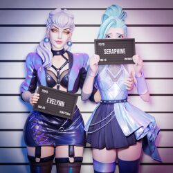 2girls 3d absurdres aqua_hair arm_at_side arm_warmers asymmetrical_sleeves belt belt_around_waist between_breasts black_belt black_bra black_choker black_garter_straps black_skirt black_thighhighs blue_dress blue_eyes blue_jacket boots bra bracelet breast_hold breasts card chain character_name choker collarbone cone_hair_bun covered_mouth cowboy_shot cropped_jacket cross-laced_clothes cross-laced_skirt demon_girl diamond_(gemstone) diamond_hair_ornament dress earrings evelynn_(league_of_legends) eyeshadow flipped_bangs frilled_dress frills garter_straps gradient_clothes gradient_jacket green_eyeshadow grin hair_bun hair_tie half-dress halter_dress halterneck hand_on_another&#039;s_chest hands_up head_tilt height_mark high-waist_skirt high_heels high_ponytail highres holding holding_card iridescent jacket jewelry k/da_(league_of_legends) k/da_all_out_evelynn k/da_all_out_seraphine_superstar lawyernsfw league_of_legends leather leather_bra leather_garter_straps leather_skirt long_hair looking_at_viewer makeup mature_female medium_breasts mugshot multicolored_jacket multiple_girls nameplate nose o-ring o-ring_garter_straps o-ring_top open_clothes open_jacket pale_skin pencil_skirt pink_lips pleated_skirt pointed_bangs pom_pom_(clothes) pom_pom_earrings ponytail purple_arm_warmers purple_eyeshadow purple_jacket purple_trim raised_inner_eyebrows seraphine_(league_of_legends) shiny_clothes sign single_bare_arm skindentation skirt slit_pupils smile spiked_belt standing strap_between_breasts teeth thigh_boots thighhighs three-quarter_sleeves two-tone_jacket underwear v-bangs v-shaped_eyebrows very_long_hair weapon white_hair yellow_eyes yuri zipper_pull_tab zipper_skirt