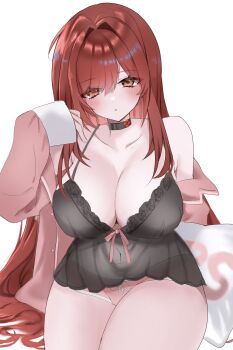 1girl absurdres black_nightgown breasts cleavage goddess_of_victory:_nikke hair_down highres large_breasts nightgown official_alternate_costume official_alternate_design official_alternate_hair_color pajamas pink_pajamas rapi_(nikke) rapi_(red_hood)_(cherished_red)_(nikke) rapi_(red_hood)_(nikke) red_hair rum_ill simple_background sleepwear solo white_background