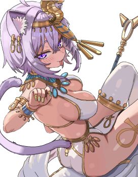 1girl ahoge ancient_egyptian animal_ear_fluff animal_ear_piercing animal_ears ankh blush breasts cat_ears cat_girl cat_tail cl_oor commentary_request dot_nose gold_nails hair_between_eyes hair_ornament holding holding_staff hololive jewelry large_breasts looking_at_viewer medium_hair nekomata_okayu pelvic_curtain purple_eyes purple_hair simple_background sitting snake_hair_ornament solo staff tail thick_thighs thighs tongue tongue_out virtual_youtuber