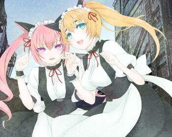 2girls akiha_rumiho animal_ear_hairband animal_ears belt_around_waist belt_buckle blonde_hair buckle cat_ears commentary_request drill_hair fake_animal_ears frills hairband long_hair looking_at_viewer maid maid_headdress mayqueen_maid_uniform mitsuwo320 multiple_girls open_mouth pink_eyes pink_hair ponytail puffy_short_sleeves puffy_sleeves science_adventure shiina_mayuri short_sleeves steins;gate tareme tsurime twin_drills twintails wig