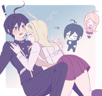 1boy 1girl ahoge akamatsu_kaede backpack bag black_hair blonde_hair blush breasts brown_eyes chibi commentary_request danganronpa_(series) danganronpa_v3:_killing_harmony fortissimo hair_between_eyes hair_ornament hetero highres jacket long_hair long_sleeves lumishen miniskirt musical_note musical_note_hair_ornament open_mouth pants pink_sweater_vest pleated_skirt red_skirt saihara_shuichi shirt short_hair skirt smile striped_clothes striped_jacket striped_pants sweater_vest teeth upper_teeth_only white_bag white_shirt