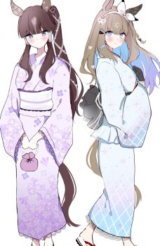 Rule 34 | 2girls, almond eye (umamusume), animal ears, back bow, bag, blue eyes, blue kimono, blush, bow, bow hairband, brown hair, commentary request, ear covers, feet out of frame, floral print, floral print kimono, gloves, hairband, handbag, highres, horse ears, horse girl, horse tail, japanese clothes, kimono, lace, lace-trimmed gloves, lace-trimmed kimono, lace trim, long hair, looking at viewer, lucky lilac (umamusume), multiple girls, obi, obijime, pof (peuplierpof), print kimono, purple kimono, sash, simple background, single ear cover, standing, star (symbol), star print, tail, umamusume, white background, white bow, white hairband, yukata