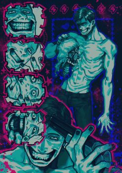 1boy barbed_wire black_background black_hair black_nails black_pants closed_mouth emaciated evil_smile fema_agent_(no_i&#039;m_not_a_human) finger_in_own_mouth gun heart highres holding holding_detached_head holding_gun holding_weapon intruder_(no_i&#039;m_not_a_human) lightning_bolt_symbol male_focus mask no_i&#039;m_not_a_human norasame_(dagako) open_mouth pale_skin pants rolling_eyes smile solo tall_male teeth topless_male weapon