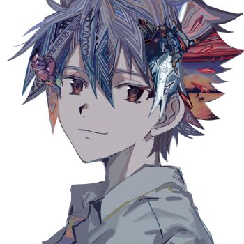 1boy brown_eyes collared_shirt commentary_request eva_01 grey_hair hair_between_eyes highres light_smile looking_at_viewer male_focus nagisa_kaworu neon_genesis_evangelion patterned_hair portrait shirt short_hair simple_background solo white_background yadu_nadu
