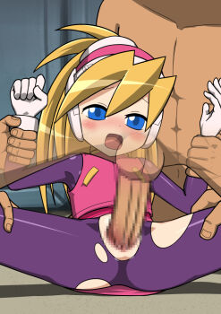 1girl 2boys blonde_hair blue_eyes bodysuit breasts ciel_(mega_man) helmet mega_man_(series) mega_man_zero_(series) missionary mizutenka multiple_boys open_mouth penis pink_skirt ponytail rape restrained sex skirt small_breasts torn_clothes vaginal