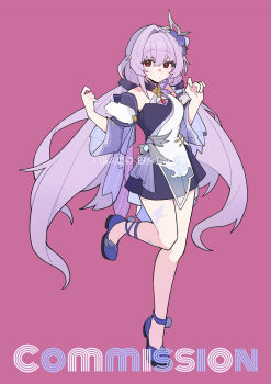 1girl bare_shoulders chinese_clothes chinese_commentary closed_mouth commentary_request dress full_body hair_ornament highres long_hair looking_at_viewer low_twintails original pink_background purple_hair red_eyes simple_background smile solo standing standing_on_one_leg tingliang twintails water_drop