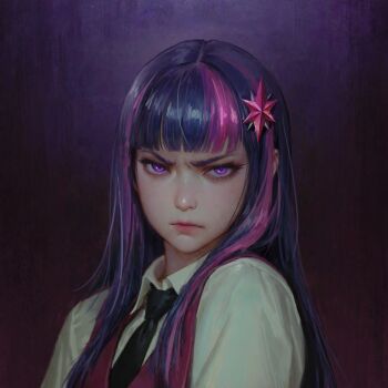 Rule 34 | 1girl, black necktie, blue hair, blunt bangs, byger, collared shirt, dress shirt, frown, furrowed brow, glowing, glowing eyes, gradient background, hair ornament, looking at viewer, multicolored hair, my little pony, my little pony: equestria girls, my little pony: friendship is magic, necktie, no eyewear, pink vest, purple background, purple eyes, purple hair, shirt, solo, star (symbol), star hair ornament, straight hair, streaked hair, twilight sparkle, twilight sparkle (human), upper body, vest, white shirt