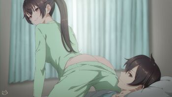 1boy 1girl :> all_fours artist_logo ass averting_eyes bedroom black_hair brother_and_sister brown_hair butt_crack clothes_pull curtains from_side girl_on_top green_pajamas highres incest indoors keihh kuze_masachika logo long_sleeves looking_at_another naughty_face on_bed pajamas pants pants_pull ponytail short_hair siblings smile smug straddling suou_yuki teasing tokidoki_bosotto_roshia-go_de_dereru_tonari_no_alya-san