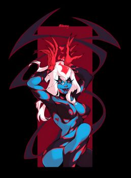 1girl absurdres arms_up artist_name ass black_background black_lips black_skin blood blood_from_mouth blue_skin breasts cleavage closed_mouth colored_skin cowboy_shot demon demon_girl evelynn_(league_of_legends) facial_mark heart highres knees_up large_breasts lashers league_of_legends looking_at_viewer md5_mismatch nude outside_border pointed_bangs red_eyes red_fire red_nails red_skin shmiony short_hair_with_long_locks sidelocks simple_background sitting slit_pupils smile solo square third-party_source twitter_username v-bangs very_long_fingernails white_hair