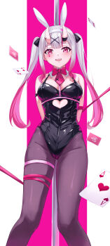 1girl absurdres animal_ears black_bow black_leotard black_pantyhose blush bound bow breasts card commentary_request fake_animal_ears gradient_hair hair_between_eyes hair_bow highres hololive leeshin0919 leotard long_hair looking_at_viewer medium_breasts multicolored_hair nakiri_ayame open_mouth pantyhose playboy_bunny playing_card pole rabbit_ears rabbit_hole_(vocaloid) red_eyes red_hair red_ribbon ribbon sidelocks smile solo streaked_hair twintails virtual_youtuber white_hair