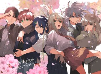 3boys 3girls absurdres akabane_sousei arm_around_neck black_dress black_eyes black_hair black_jacket black_pants blonde_hair brown_necktie brown_skirt chidori_(sentai_dai_shikkaku) closed_mouth dress flower_request green_eyes grey_eyes hair_ornament hairclip hand_up haruba_negi heterochromia highres hisui_kanon hug jacket long_hair looking_at_viewer multiple_boys multiple_girls necktie official_art one_eye_closed open_clothes open_jacket open_mouth orange_hair pants red_eyes sakurama_hibiki school_uniform sentai_daishikkaku sentouin_d serious shirt short_hair skirt smile surprised suzukiri_yumeko sweater usukubo_angel very_long_hair white_hair white_shirt white_sweater yellow_eyes
