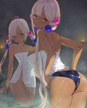 2girls absurdres ass back black_panties breasts dark-skinned_female dark_skin dual_persona flat_chest highres hololive hololive_english large_breasts long_hair looking_at_viewer looking_back low_twintails multiple_girls naked_towel one-hour_drawing_challenge onsen panties theflatfacadeds thighs towel tsukumo_sana twintails underwear virtual_youtuber white_hair yellow_eyes
