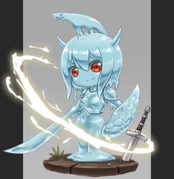 1girl armor blue_skin boobplate breastplate chibi colored_skin cuirass derurago grey_background horns monster_girl navel original red_eyes shield short_hair shoulder_armor slashing slime_(creature) slime_girl sword vignette weapon