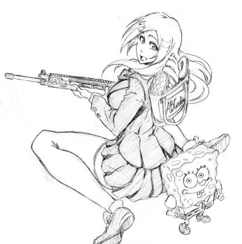 1boy 1girl assault_rifle backpack bag bleach bread fn_scar food fortnite gun inoue_orihime looking_at_viewer rakusakugk rifle school_uniform spongebob_squarepants spongebob_squarepants_(series) weapon