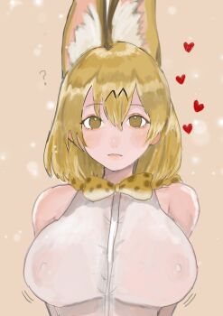 1girl ? absurdres animal_ears animal_print arms_behind_back blonde_hair blush bow bowtie breasts commentary_request covered_erect_nipples expressionless extra_ears heart highres kemono_friends large_breasts looking_at_viewer oh_y0u orange_bow orange_bowtie print_bow print_bowtie serval_(kemono_friends) short_hair sleeveless two-tone_bow yellow_eyes