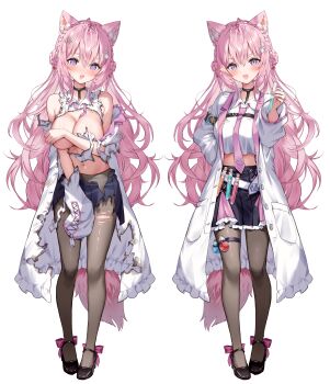 1girl @_@ absurdres animal_ears antenna_hair belt black_choker black_pantyhose black_shoes black_skirt blush braid braided_bun breasts choker cleavage coat collared_shirt covering_breasts covering_privates crown_braid double_bun frilled_shirt frills full_body hair_bun hair_ornament hakui_koyori hakui_koyori_(1st_costume) highres hololive lab_coat large_breasts long_hair long_sleeves navel necktie neru5 open_mouth pantyhose pink_eyes pink_hair pink_necktie pink_skirt pink_tail purple_eyes shirt shoes simple_background skirt sleeveless sleeveless_shirt solo_focus stomach tail test_tube thighs torn_clothes torn_coat torn_shirt torn_skirt two-tone_skirt virtual_youtuber white_background white_belt white_coat white_shirt wolf_ears wolf_girl wolf_tail
