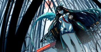 Rule 34 | 1girl, absurdres, arknights, black hair, deersightings, dragon girl, dragon horns, dragon tail, dusk (arknights), earrings, eastern dragon tail, green horns, hair over one eye, highres, horns, jewelry, long hair, pointy ears, red eyes, solo, tail, tassel, tassel earrings