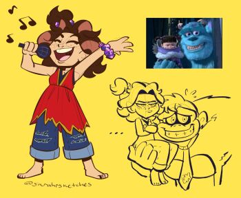 2boys 2girls barefoot blue_eyes boo_(monsters_inc.) brown_hair donkey_kong donkey_kong_(series) donkey_kong_bananza freckles highres james_p._sullivan jewelry looking_at_viewer mario_(series) monsters_inc. multiple_boys multiple_girls necktie nintendo open_mouth pants parody pauline_(mario) pauline_(young)_(mario) red_necktie sarah_sketches scene_reference shirt smile teeth