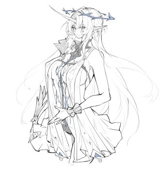 1girl absurdres bare_arms breasts cartethyia_(wuthering_waves) cdlo dress fleurdelys_(wuthering_waves) from_side greyscale halo highres horns jewelry large_breasts long_hair looking_at_viewer looking_to_the_side monochrome necklace parted_lips pointy_ears sideboob sideways_glance simple_background sleeveless sleeveless_dress solo spot_color unicorn_horn very_long_hair wrist_cuffs wuthering_waves
