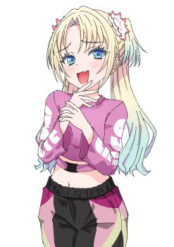 1girl absurdres blonde_hair blue_eyes blue_hair buckle commentary_request cowboy_shot curtained_hair flower hair_flower hair_ornament highres kara_iroha link!_like!_love_live! long_sleeves looking_at_viewer love_live! mesugaki midriff navel official_alternate_costume osawa_rurino osawa_rurino_(winter_training_wear) pants parted_bangs pink_flower pink_pants pink_shirt raised_inner_eyebrows shirt snap-fit_buckle solo twintails virtual_youtuber