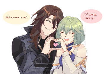 1boy 1girl ^_^ bare_shoulders brown_hair bunn_(comic_bunn) closed_eyes closed_mouth commentary couple dress english_commentary english_text genshin_impact green_hair grey_jacket heart heart_hands heart_hands_duo hetero highres jacket long_sleeves medium_hair open_mouth rerir_(genshin_impact) simple_background smile speech_bubble teeth tholindis_(genshin_impact) twitter_username upper_body upper_teeth_only white_background white_dress