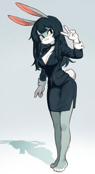 1girl animal_ears barefoot black_choker black_hair black_jacket black_skirt breasts choker cleavage full_body furry furry_female gatoasti grey_background hand_up highres jacket large_breasts long_hair long_sleeves original rabbit_ears rabbit_girl rabbit_tail simple_background skirt smile solo tail teeth v