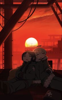 Rule 34 | 2girls, ahoge, black gloves, blonde hair, blush, chito (shoujo shuumatsu ryokou), closed eyes, closed mouth, fur-trimmed jacket, fur trim, gloves, green jacket, green pants, helmet, highres, jacket, karmanimaxwx, leaning on person, long hair, low twintails, multiple girls, open mouth, orange sky, outdoors, own hands together, pants, red sky, red sun, shoujo shuumatsu ryokou, sky, sleeping, sun, sunset, twintails, unworn headwear, unworn helmet, upper body, yuuri (shoujo shuumatsu ryokou)