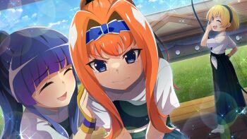 Rule 34 | 3girls, :d, ;d, ^ ^, archery, archery dojo, black hairband, black hakama, black scrunchie, blonde hair, blue bow, blue eyes, blue hair, blue hairband, bow, bow (weapon), bow hairband, closed eyes, closed mouth, day, dutch angle, fang, furude rika, game cg, gloves, hair bow, hair intakes, hair ornament, hair scrunchie, hairband, hakama, hand on another&#039;s shoulder, high ponytail, highres, higurashi no naku koro ni, higurashi no naku koro ni mei, holding, holding bow (weapon), holding weapon, houjou satoko, houtani nao, indoors, japanese clothes, kimono, kyuudou, lens flare, long hair, multiple girls, non-web source, official alternate hairstyle, official art, one eye closed, open mouth, orange hair, partially fingerless gloves, partly fingerless gloves, ponytail, scrunchie, short hair, short sleeves, single glove, smile, socks, sparkle, standing, tabi, tears, weapon, white kimono, white socks, wooden floor, yugake, yumi (bow)