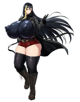 1girl belt black_coat black_eyes black_gloves black_hair black_thighhighs boots borrowed_character breasts coat covered_erect_nipples daien dot_nose female_focus full_body gigantic_breasts gloves impossible_clothes impossible_shirt long_hair looking_at_viewer original red_shorts shirt shorts skin_tight skindentation smile solo standing thick_thighs thighhighs thighs white_background zettai_ryouiki