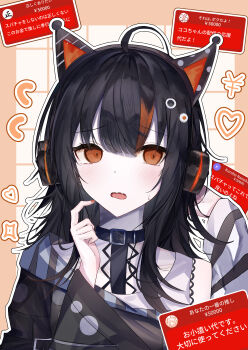 1girl absurdres ahoge animal_ear_headphones animal_ears bare_shoulders black_choker black_hair cat_ear_headphones cat_ears choker commentary_request eyeball_hair_ornament fake_animal_ears headphones highres livestream looking_at_viewer mahou_shoujo_no_majo_saiban multicolored_hair off-shoulder_sweater off_shoulder open_mouth orange_eyes orange_nails orange_streaks sawatari_coco sharp_teeth short_hair solo streaked_hair sweatdrop sweater t4on_(t4ontil1zm) teeth
