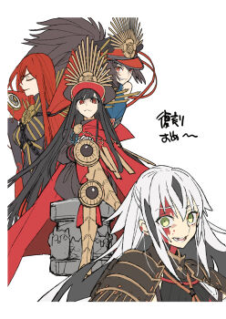 1boy 3girls armor armored_boots black_bodysuit black_hair black_headwear black_jacket black_pants blood blood_on_face blue_shirt bodysuit boots breastplate breasts cape chain closed_eyes collar collared_cape crest crossed_legs family_crest fate/grand_order fate_(series) gloves green_eyes hair_between_eyes hair_over_one_eye hat highres jacket japanese_armor koha-ace large_breasts long_hair long_sleeves looking_at_viewer medallion medium_breasts metal_collar multicolored_hair multiple_girls multiple_persona nagao_kagetora_(fate) oda_kippoushi_(fate) oda_nobunaga_(fate) oda_nobunaga_(maou_avenger)_(fate) oda_uri open_mouth pants peaked_cap ponytail popped_collar red_cape red_eyes red_hair shirt shoulder_armor sidelocks sitting small_breasts smile sode translation_request two-tone_hair very_long_hair wada_arco waist_cape white_gloves white_hair