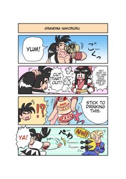 !? 1girl 2boys 4koma ainu_clothes alcohol angry annoyed attack black_hair blonde_hair breasts closed_eyes comic drinking english_text fighting fingerless_gloves galford_d_weller gameplay_mechanics gloves hair_ribbon hands_on_own_hips haoumaru highres japanese_clothes legs long_hair medium_breasts multiple_boys ninja open_mouth pants pointy_hair ponytail ribbon sake samurai_spirits scarf scratching_head snk surprised thighs tongue translated yakult