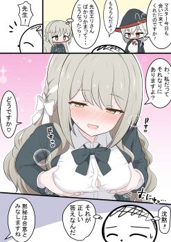 1boy 2girls absurdres blue_archive blush bow bowtie braid breasts breath button_gap commentary_request doodle_sensei_(blue_archive) eri_(blue_archive) grabbing_own_breast green_bow green_bowtie green_jacket grey_hair hair_bow hair_ribbon half-closed_eyes halo hat highres jacket kakapomilk long_hair medium_breasts miyo_(blue_archive) multiple_girls nose_blush ribbon ribbon_braid sensei_(blue_archive) shirt speech_bubble sweatdrop thought_bubble translation_request very_long_hair white_bow white_ribbon white_shirt witch_hat