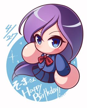 Rule 34 | 1girl, amatsuki isuzu, blazer, blue eyes, blue jacket, blue skirt, bow, bowtie, commentary request, cropped torso, dated, happy birthday, highres, jacket, jikkyou powerful pro yakyuu, jikkyou powerful pro yakyuu (style), long hair, low ponytail, no mouth, parmesan (zan parmesanne), pleated skirt, ponytail, power pro-kun pocket 10, power pro-kun pocket, purple hair, rayman limbs, red bow, red bowtie, school uniform, skirt, solo