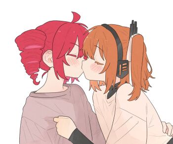 2girls a.i._voice adachi_rei ahoge blush closed_eyes clothes_grab commentary drill_hair hand_on_another&#039;s_waist hashtag-only_commentary headphones highres kasane_teto kiss multiple_girls ofo_j1 one_side_up orange_hair pink_shirt red_hair shirt shirt_grab simple_background twin_drills upper_body utau white_background white_shirt yuri