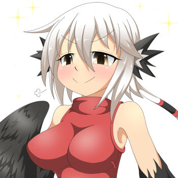 1girl amauchi animal_ears black_wings blush braid breasts commentary_request feathered_wings feathers grey_hair harpy looking_at_viewer medium_breasts miu_(mon-musu_quest!) mon-musu_quest! monster_girl no_bra red_shirt shirt short_hair single_braid sleeveless smile solo sparkle turtleneck white_background winged_arms wings yellow_eyes