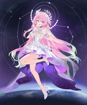 1girl absurdres aqua_hair bare_shoulders breasts commentary_request constellation cyrene_(honkai:_star_rail) cyrene_(ripples_of_past_reverie)_(honkai:_star_rail) diamond-shaped_pupils diamond_(shape) earrings flower four-finger_heart_hands full_body hair_flower hair_ornament halo heart heart_hands high_heels highres honkai:_star_rail honkai_(series) jewelry long_hair looking_at_viewer medium_breasts multicolored_hair pink_hair pointy_ears purple_eyes rinple simple_background sky solo space standing standing_on_one_leg star_(sky) starry_sky symbol-shaped_pupils thighs very_long_hair white_background white_hair