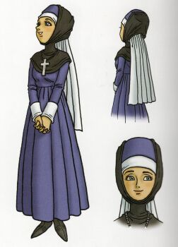 Rule 34 | 1girl, :d, absurdres, blue eyes, blue robe, character request, cross, cross necklace, dragon quest, dragon quest viii, full body, headscarf, highres, jewelry, looking to the side, looking up, multiple views, necklace, nun, official art, open mouth, own hands clasped, own hands together, reference sheet, robe, scan, scan artifacts, smile, solo, third-party source, toriyama akira, white background