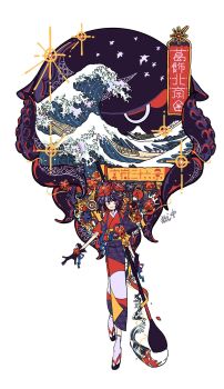 1girl bird black_kimono boat calligraphy_brush fate/grand_order fate_(series) flower full_body giant_brush gloves hair_flower hair_ornament hairpin highres holding holding_paintbrush ima_mo_nao_kangaechuu japanese_clothes katsushika_hokusai_(fate) katsushika_hokusai_(first_ascension)_(fate) kimono looking_at_viewer octopus original paintbrush purple_hair purple_kimono sandals seal_impression simple_background smile socks solo star_(symbol) tentacles toto-sama_(fate) water watercraft waves white_background white_socks