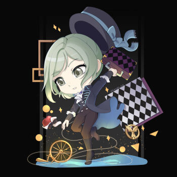 Rule 34 | 1girl, apple, apple (reverse:1999), arm up, ascot, black background, black boots, black bow, black bowtie, black coat, black hat, black pants, blue bow, boater hat, boots, bow, bowtie, chibi, coat, food, freckles, fruit, full body, grey eyes, grey hair, hair bun, hat, hat bow, hayde ink, holding, holding suitcase, leg up, pants, parted lips, reverse:1999, short hair, single side bun, solo, spinning wheel, standing, standing on liquid, standing on one leg, suitcase, traditional bowtie, unworn headwear, water, white ascot