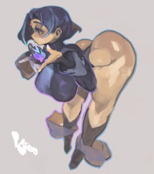 1girl absurdres ass aura bare_hips black_leotard boots breasts brown_boots dc_comics energy eyelashes forehead_jewel gem glowing half-closed_eyes hanging_breasts heart highres keziedra large_breasts leotard magic outline own_hands_together purple_eyes purple_hair purple_outline raven_(dc) red_gemstone short_hair sleeved_leotard solo teen_titans thick_thighs thighs umbrakinesis