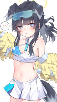 1girl absurdres animal_ears black_hair blue_archive blue_eyes blush breasts cheerleader dog_ears dog_girl dog_tail embarrassed goggles goggles_on_head halo hibiki_(blue_archive) hibiki_(cheer_squad)_(blue_archive) highres holding holding_pom_poms long_hair looking_at_viewer millennium_cheerleader_outfit_(blue_archive) navel official_alternate_costume open_mouth pom_pom_(cheerleading) pom_poms simple_background skirt small_breasts solo stomach tail white_background yellow_halo yomogi_mogu