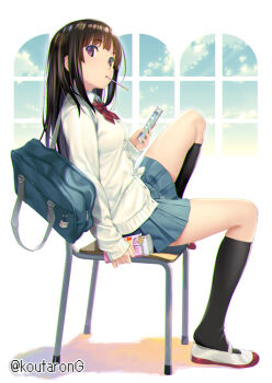 1girl black_hair black_socks blue_skirt blue_sky bow breasts brown_eyes cardigan cellphone chair cloud collared_shirt commentary_request day food holding holding_phone kneehighs koutaro long_hair medium_breasts on_chair original phone pleated_skirt pocky pocky_strawberry red_bow school_chair school_swimsuit school_uniform shirt shoes skirt sky socks solo swimsuit twitter_username uwabaki white_cardigan white_shirt white_shoes window