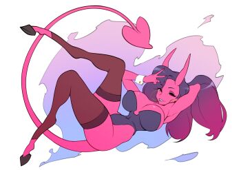 1girl arm_behind_head armpits black_hair black_leotard black_thighhighs breasts colored_skin commentary demon_girl demon_horns demon_tail earrings full_body goat_legs highres hoop_earrings horns jewelry large_breasts leotard long_hair looking_at_viewer nontraditional_playboy_bunny original parted_lips playboy_bunny red_skin ryanarmoberly smug solo strapless strapless_leotard symbol-only_commentary tail thighhighs v wrist_cuffs