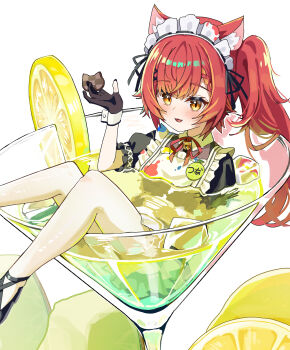 1girl absurdres animal_ear_fluff animal_ears apron bell between_fingers black_dress black_gloves black_shoes braid braided_bangs cat-shaped_food cat_ears cat_girl character_name checkerboard_cookie cocktail cocktail_glass cookie cup dress drink drinking_glass food frilled_apron frills fruit gloves hair_ornament highres holding holding_food ice ice_cube in_container in_cup jingle_bell lemon lemon_slice long_hair maid maid_apron maid_headdress mini_person minigirl name_tag neck_bell neck_ribbon nekota_tsuna nekota_tsuna_(3rd_costume) orange_eyes paint_stains pantyhose partially_fingerless_gloves partially_submerged puffy_short_sleeves puffy_sleeves reclining red_hair red_ribbon ribbon sanbi1313 shoes short_dress short_sleeves simple_background slit_pupils solo stained_clothes twintails virtual_youtuber vspo! white_apron white_background white_pantyhose white_wrist_cuffs wing_collar wrist_cuffs x_hair_ornament