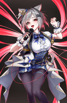 absurdres animal_ears black_pantyhose breasts cat_ears cat_girl cat_tail grey_hair grey_tail haerang highres holding holding_microphone looking_at_viewer medium_breasts medium_hair microphone neneko_mashiro pantyhose red_eyes stellive tail thighs virtual_youtuber