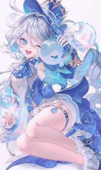 1girl absurdres ahoge air_bubble ascot asymmetrical_gloves batory_ken black_gloves blue_ascot blue_eyes blue_gem blue_hair blue_hat blue_jacket blue_pupils blue_streaks blush brooch bubble commentary drop-shaped_pupils eyelash_ornament feet_out_of_frame furina_(genshin_impact) gem genshin_impact gloves hair_between_eyes hat high_heels highres jacket jewelry long_hair long_sleeves mismatched_gloves multicolored_hair one_eye_closed open_mouth shorts sitting solo streaked_hair surintendante_chevalmarin symbol-shaped_pupils teardrop-shaped_gem thigh_strap top_hat vision_(genshin_impact) white_background white_gloves white_hair white_shorts yokozuwari